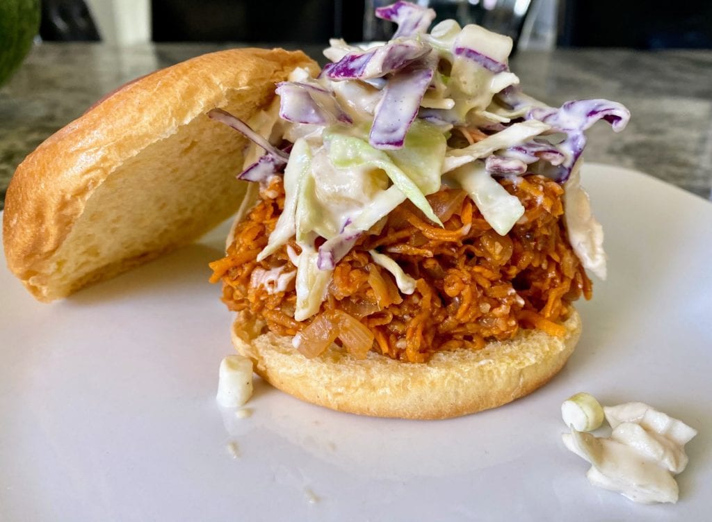 Pulled pork sweet potato sandwich close up