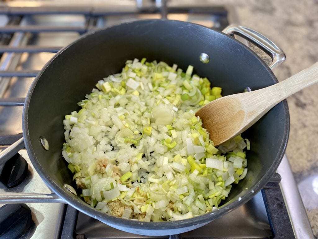 sauteeing onions and leeks