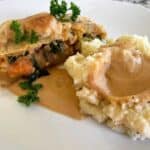 sliced vegetable strudel with mashed potatoes