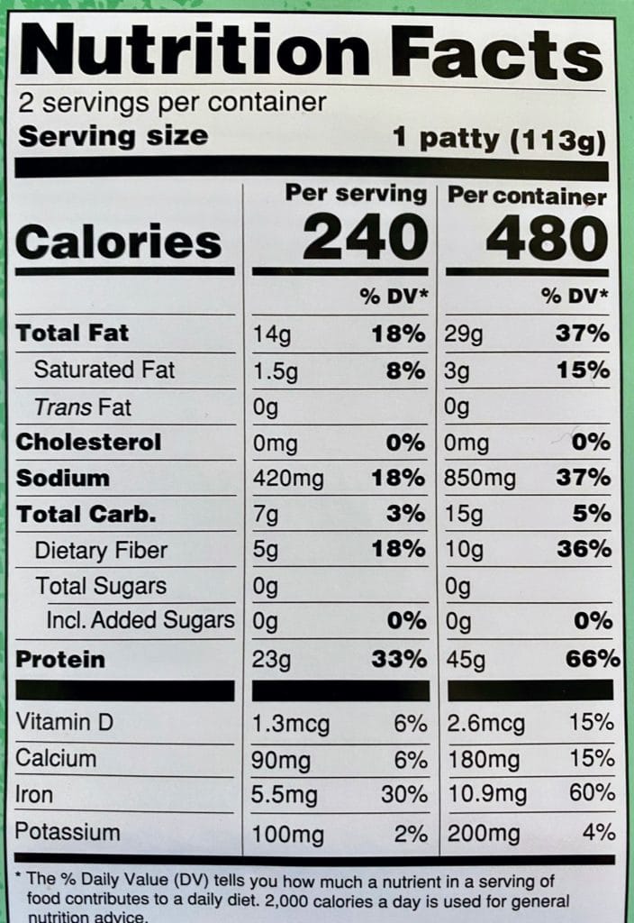 Trader Joes Turkeyless Burger Label