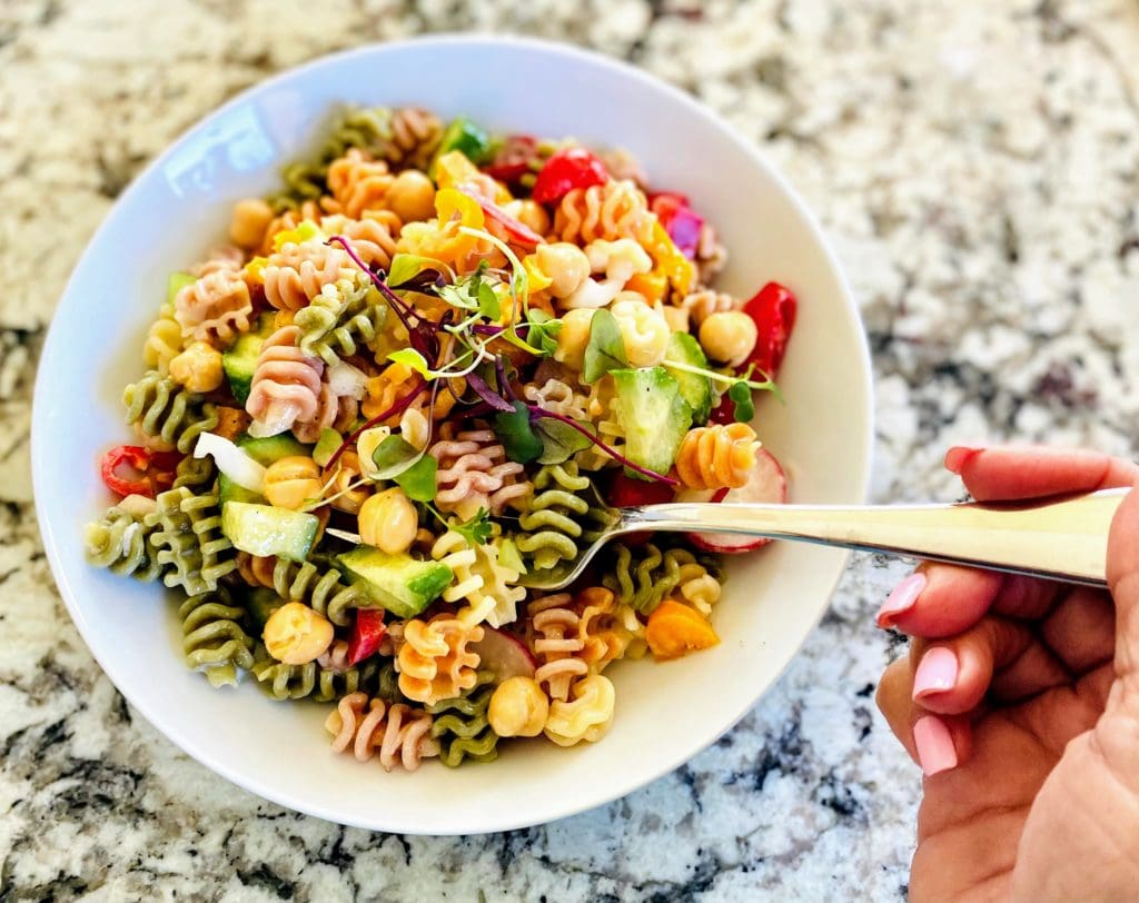 Eating chickpea pasta salad
