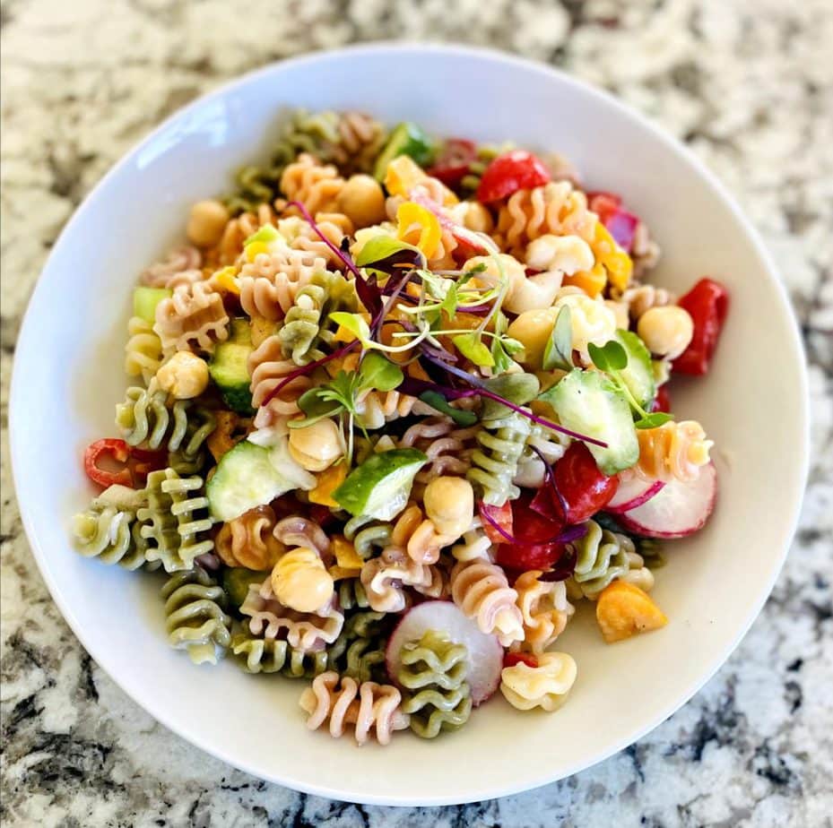 chickpea pasta salad served