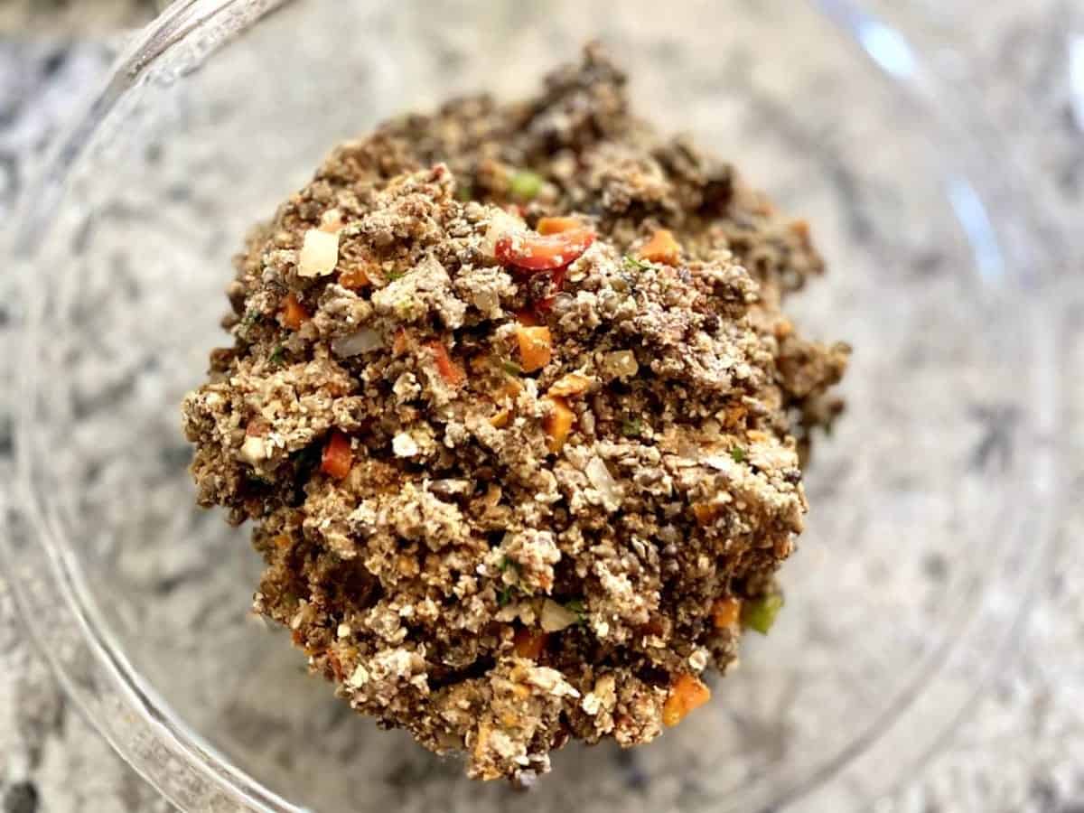 Vegan lentil meatloaf mix in a bowl on the counter