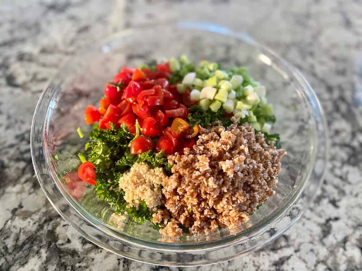Tabbouleh ingredients mixed
