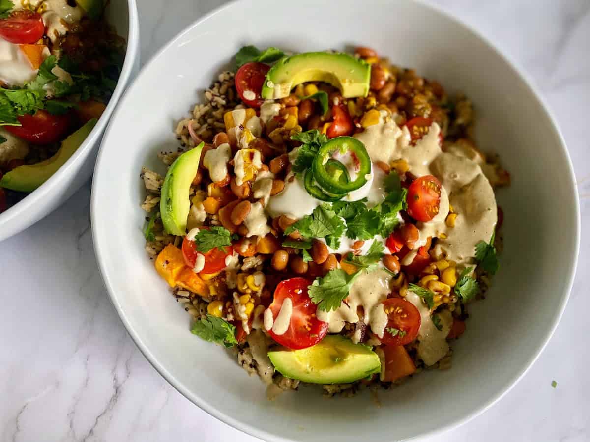 Burrito Bowl with creamy green chili sauce