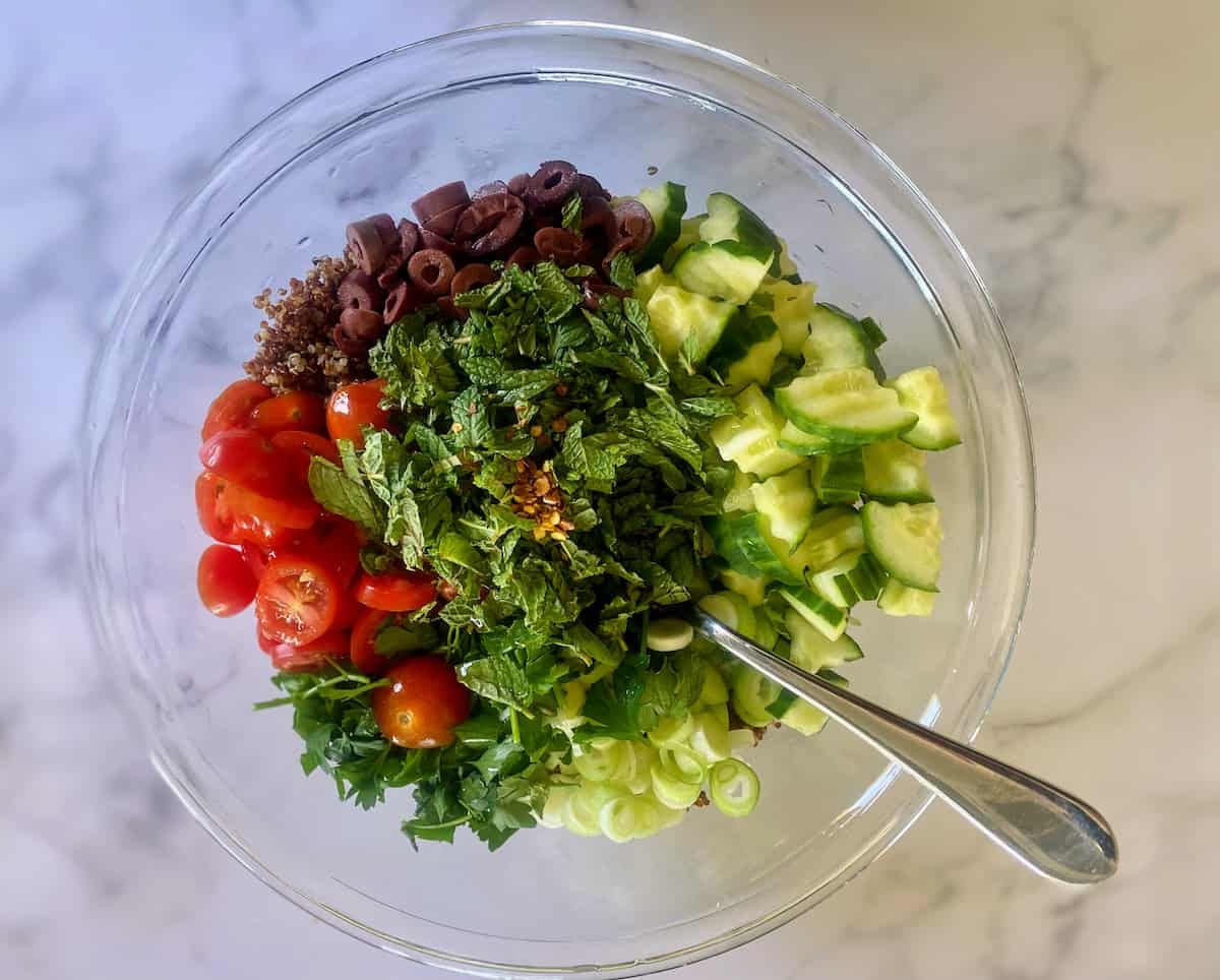 Salad Ingredients in a bowl with a spoon on the table