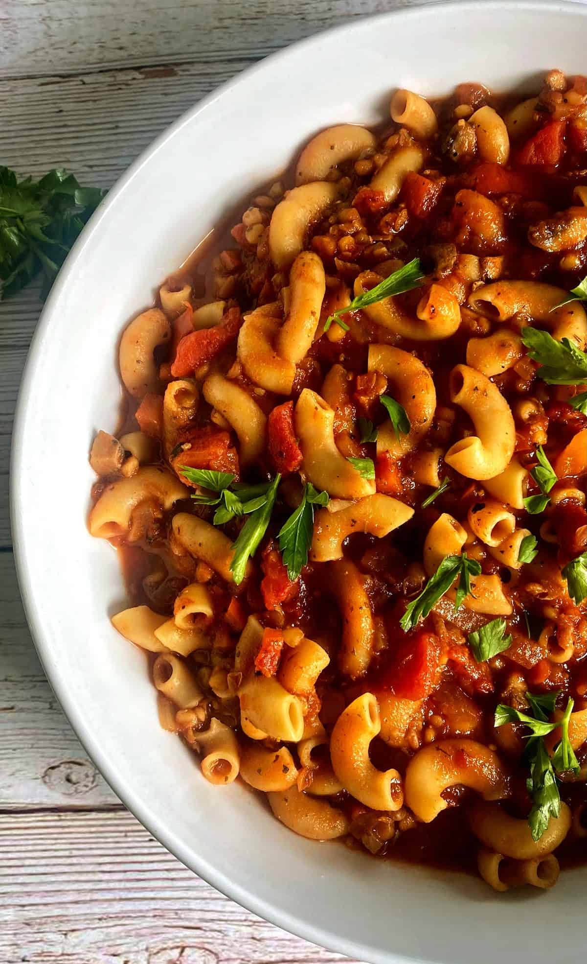 Close-up of a bowl of goulash on the table.