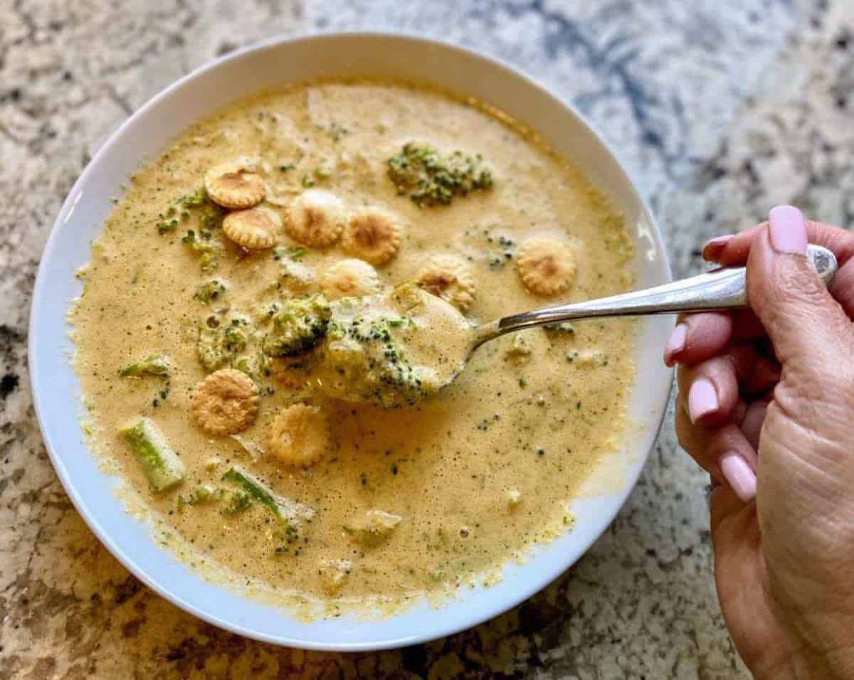 Vegan cream of broccoli soup recipe on the counter. 