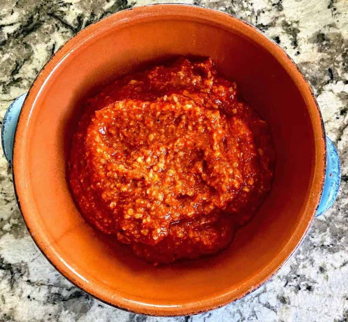 The Romesco sauce recipe in a bowl on the table.
