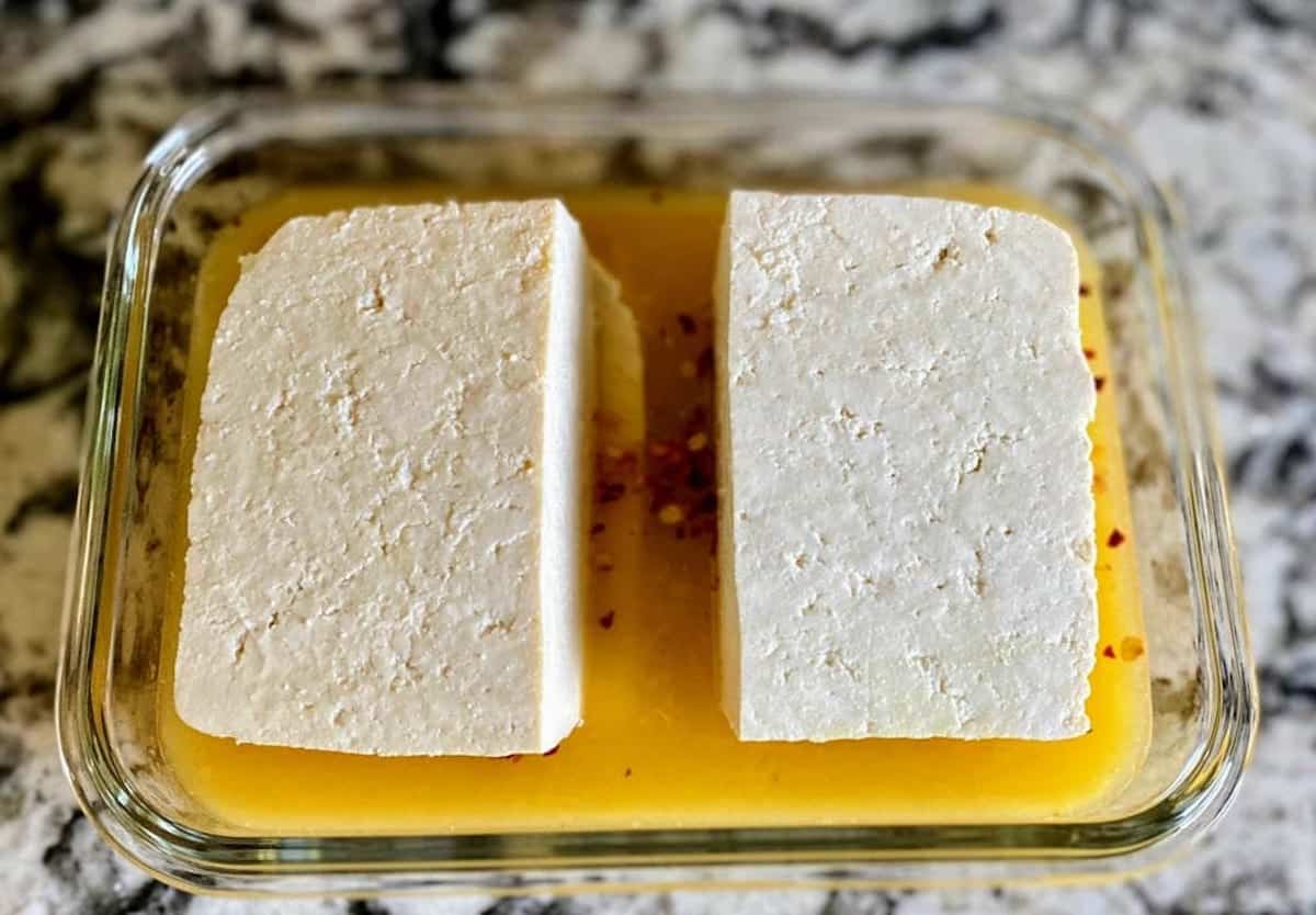 Tofu in citrus tofu marinade.