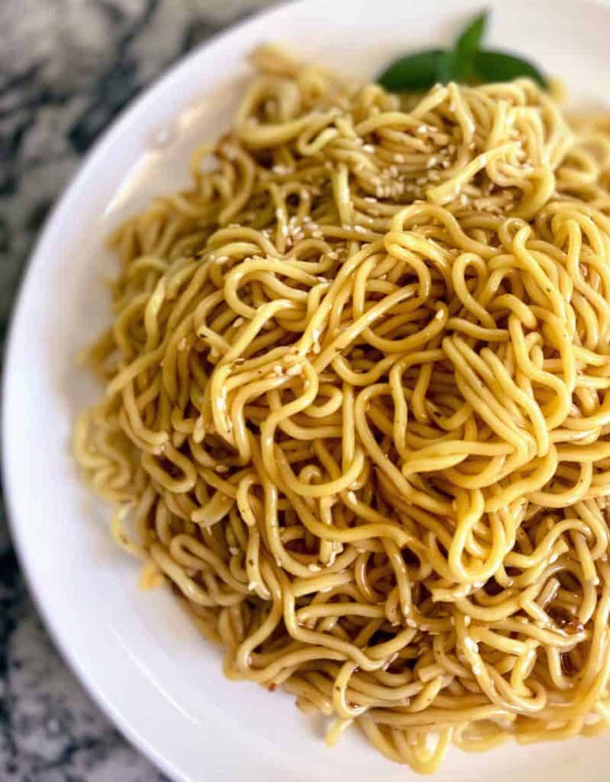 Noodles in a bowl on the table. 