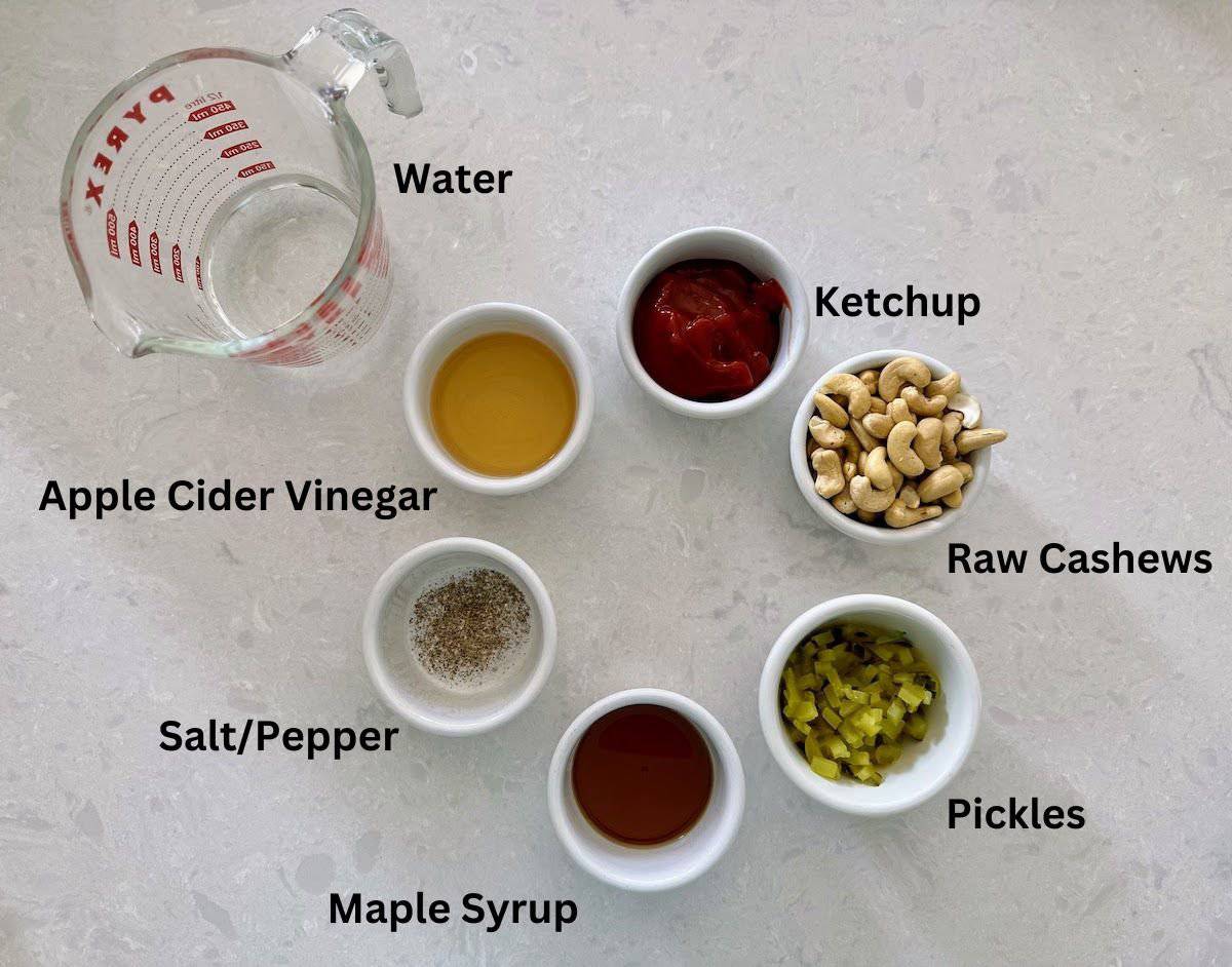 Dressing Ingredients: Raw cashews, ketchup, apple cider vinegar, salt and pepper, maple syrup, and water. 