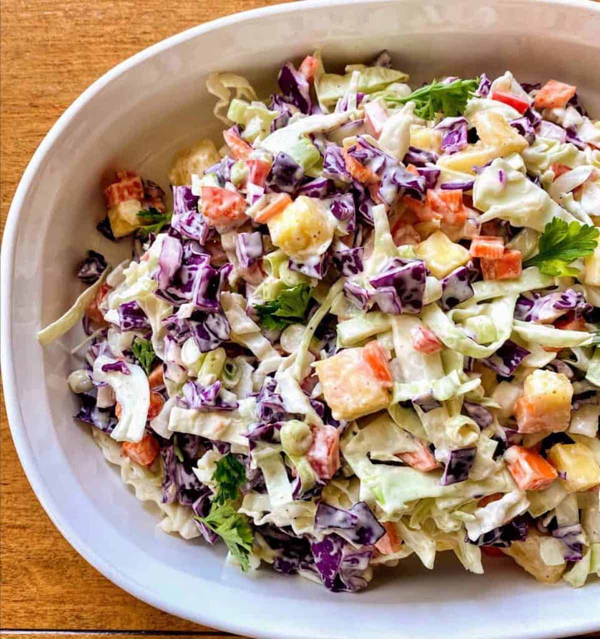 Pineapple coleslaw on a platter. 