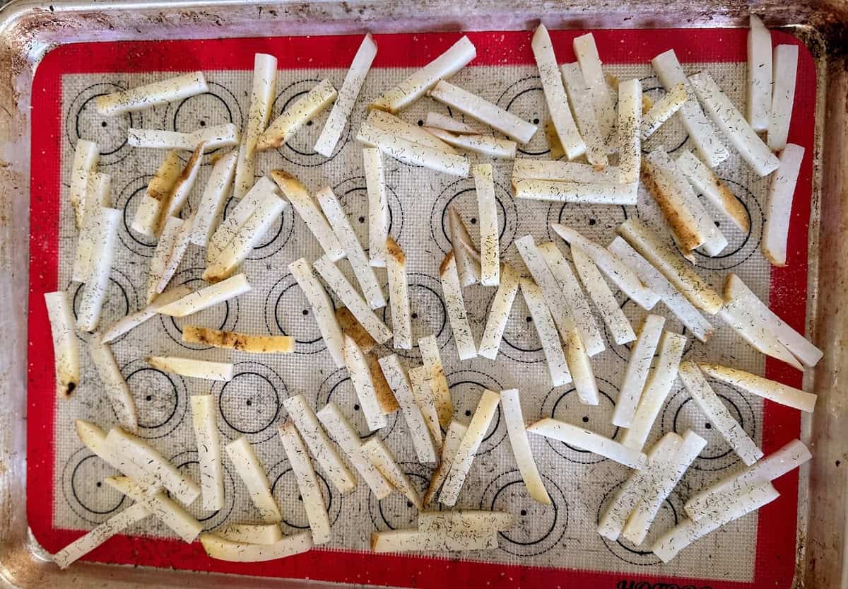 Pickled french fries recipe on a baking sheet. 