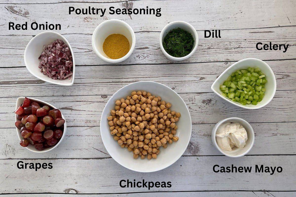 Recipe ingredients: cashews, cashew mayo, grapes, celery, dill. Poultry seasoning and red onion. 