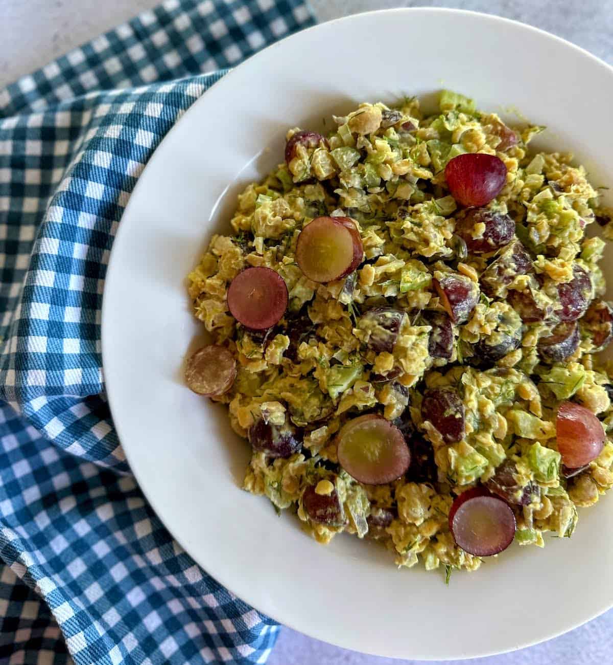 Vegan chicken salad in a bowl on the table. 