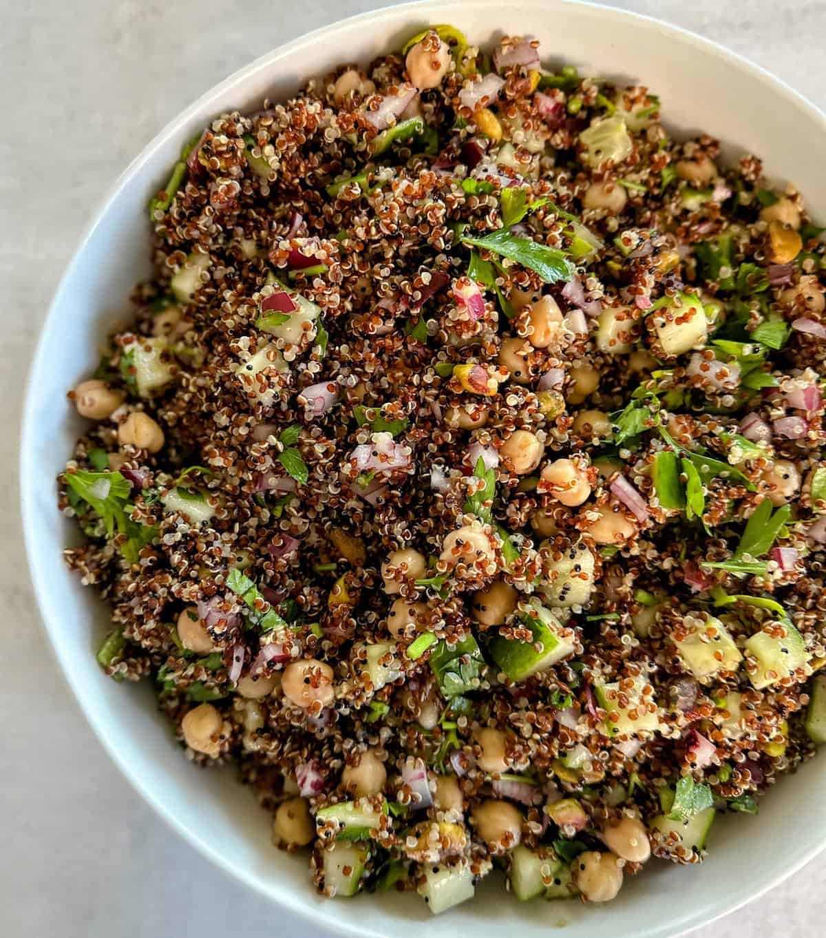 Vegan  Jennifer Aniston salad in a bowl on the table. 