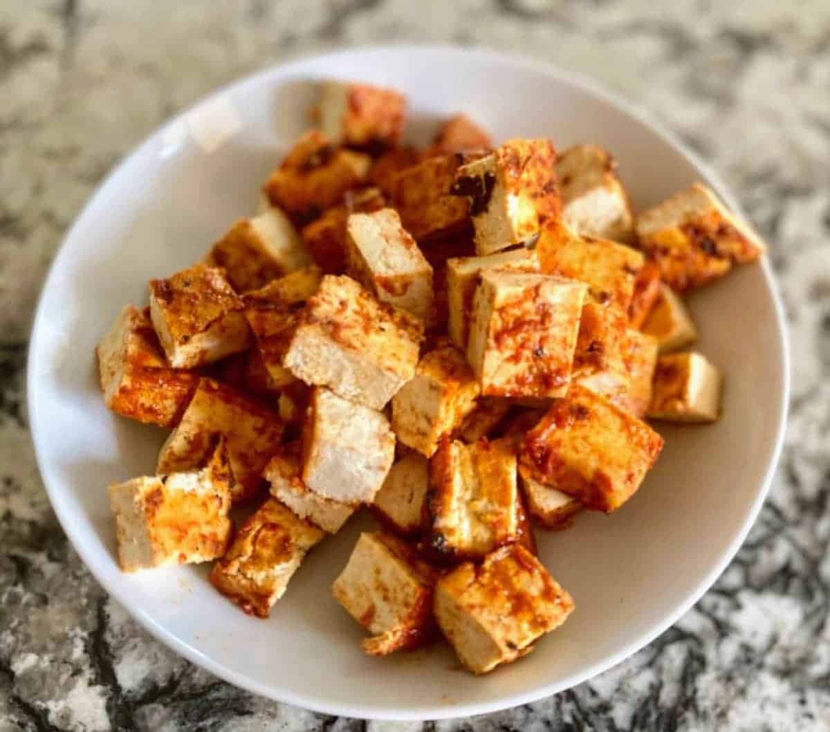 Vegan Korean tofu in a bowl on the table.