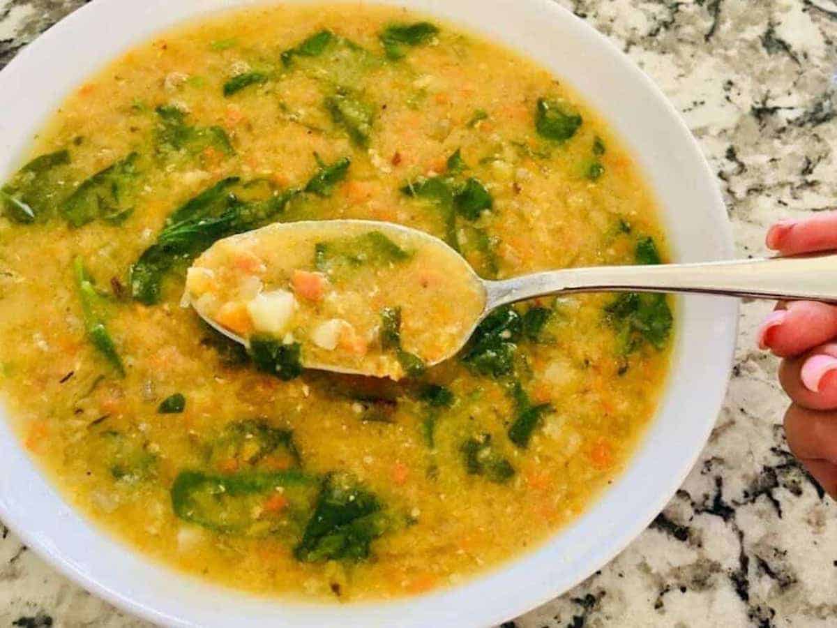 Detox lentil vegetable soup recipe in a bowl.