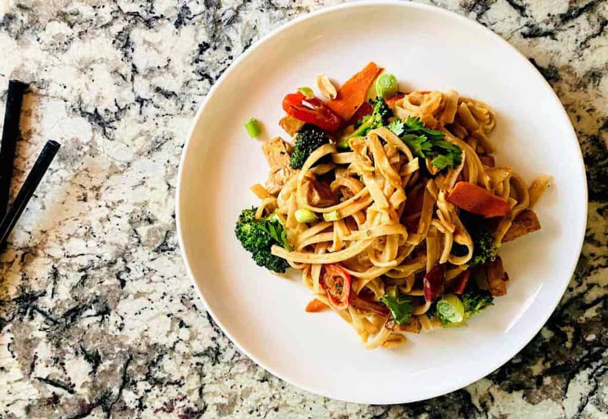 Vegan Pad Thai recipe on a plate on the counter. 