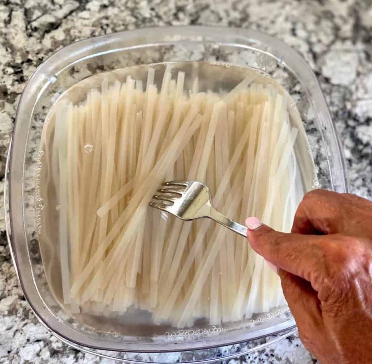 I am soaking the rice noodles in  a container on the counter. 