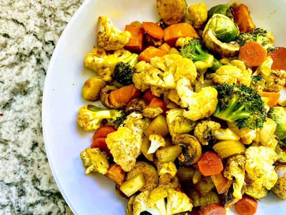 The roasted balsamic vegetables recipe is in a bowl on the table.