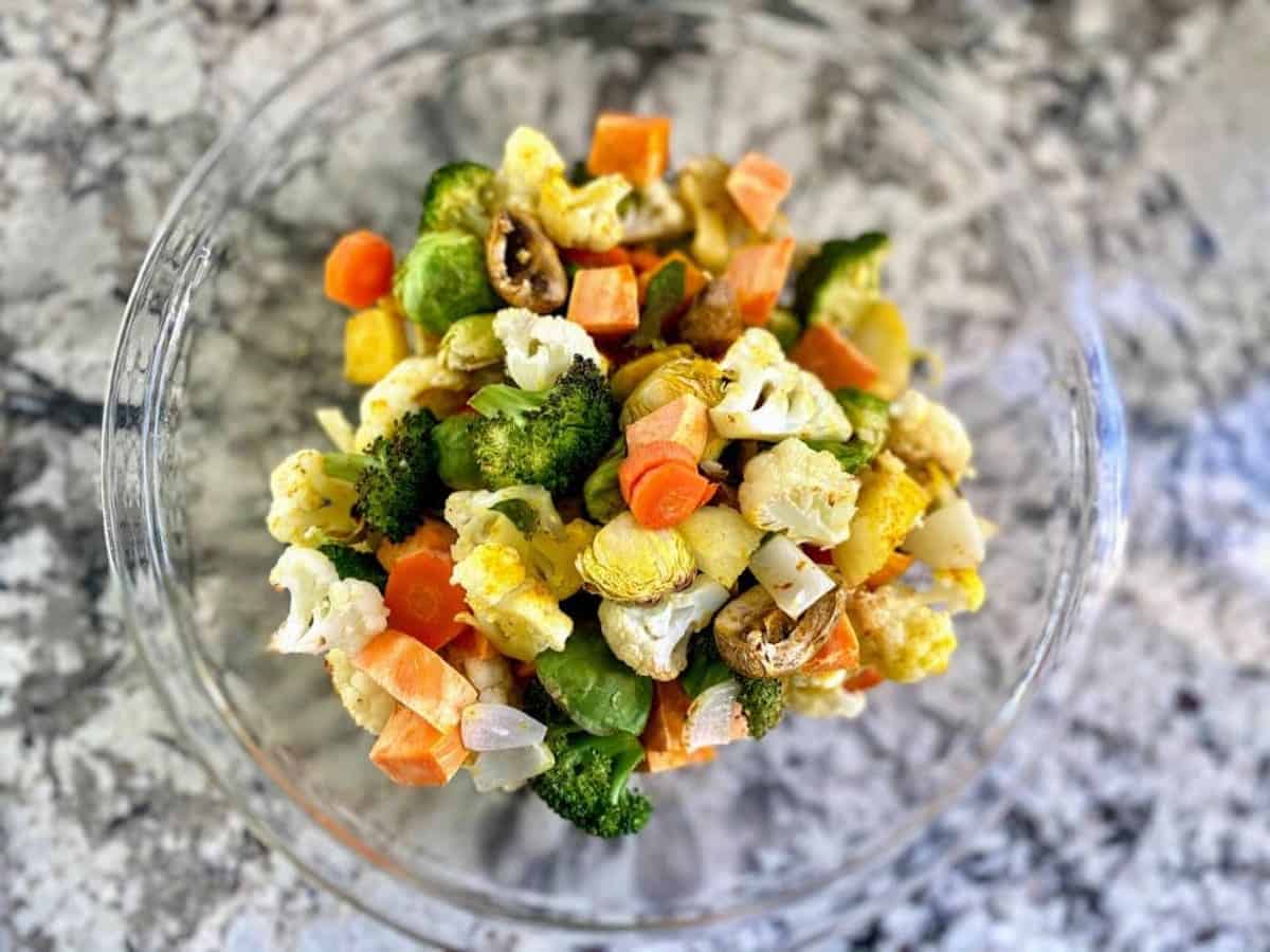 Vegetables in a bowl on the counter. 