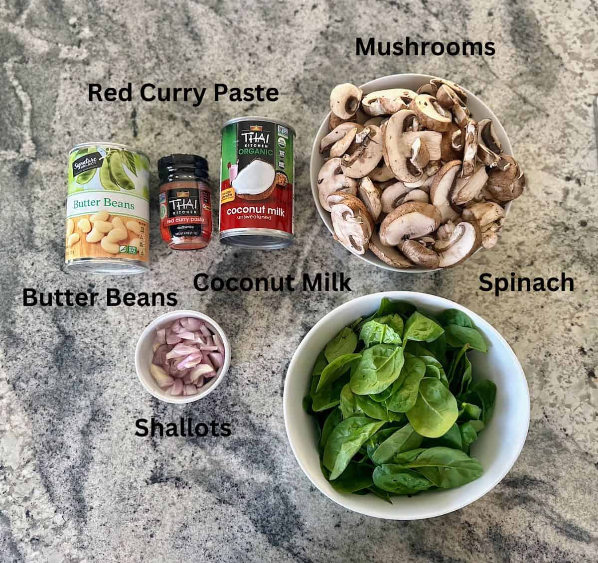 The recipe ingredients: Butter beans, red curry paste, coconut milk, portobello mushrooms, shallots and spinach. 